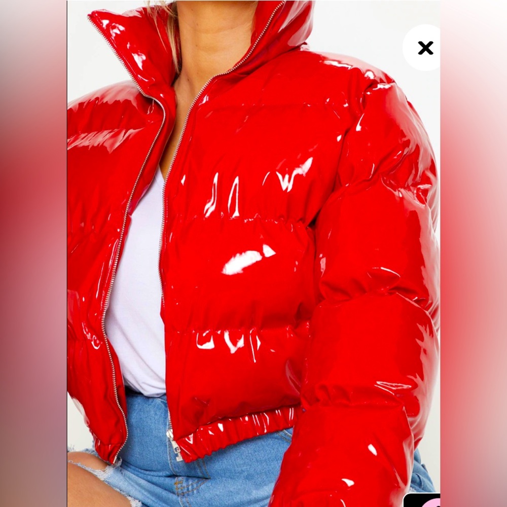 Red Cropped Vinyl Puffer Jacket